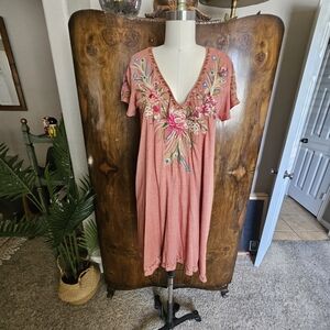 Johnny Was Coral Embroidered Midi Dress NWT